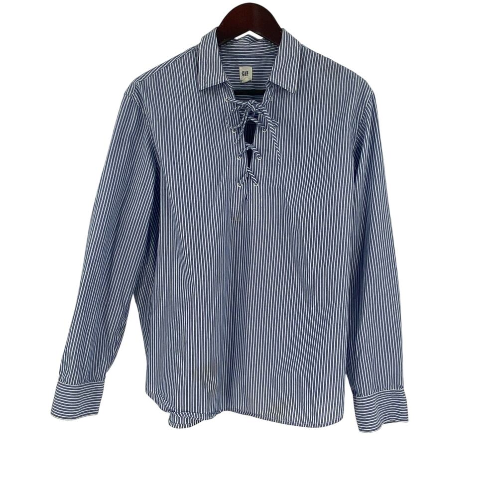 Blue white pinstripe blouse Gap womens XL 100% cotton with front bow detail